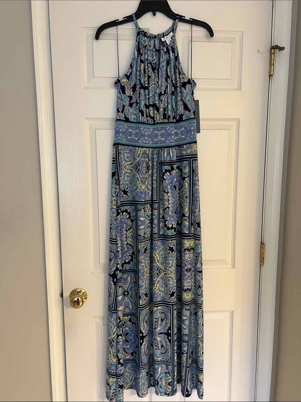 London Times Blue Paisley Halter Maxi Dress